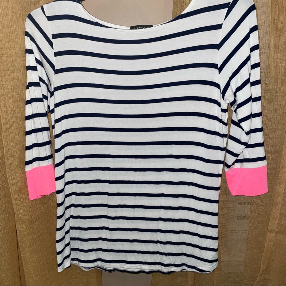🖤🤍 Colette Chic Black & White Striped Shirt – 3/4 Sleeve with Pink Accent!